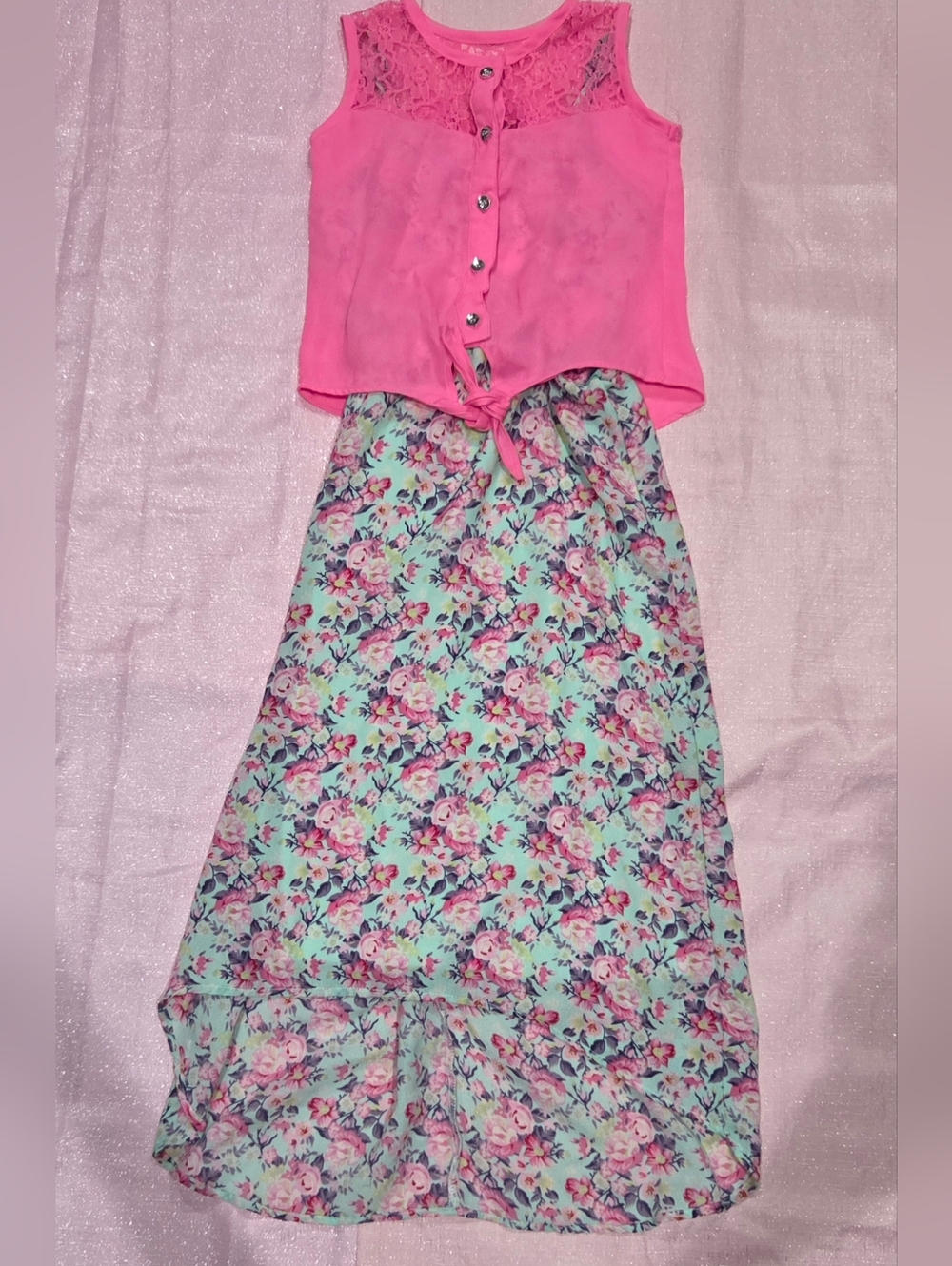 Girls' Pink Lace Tie-Front Top with Floral Maxi Dress